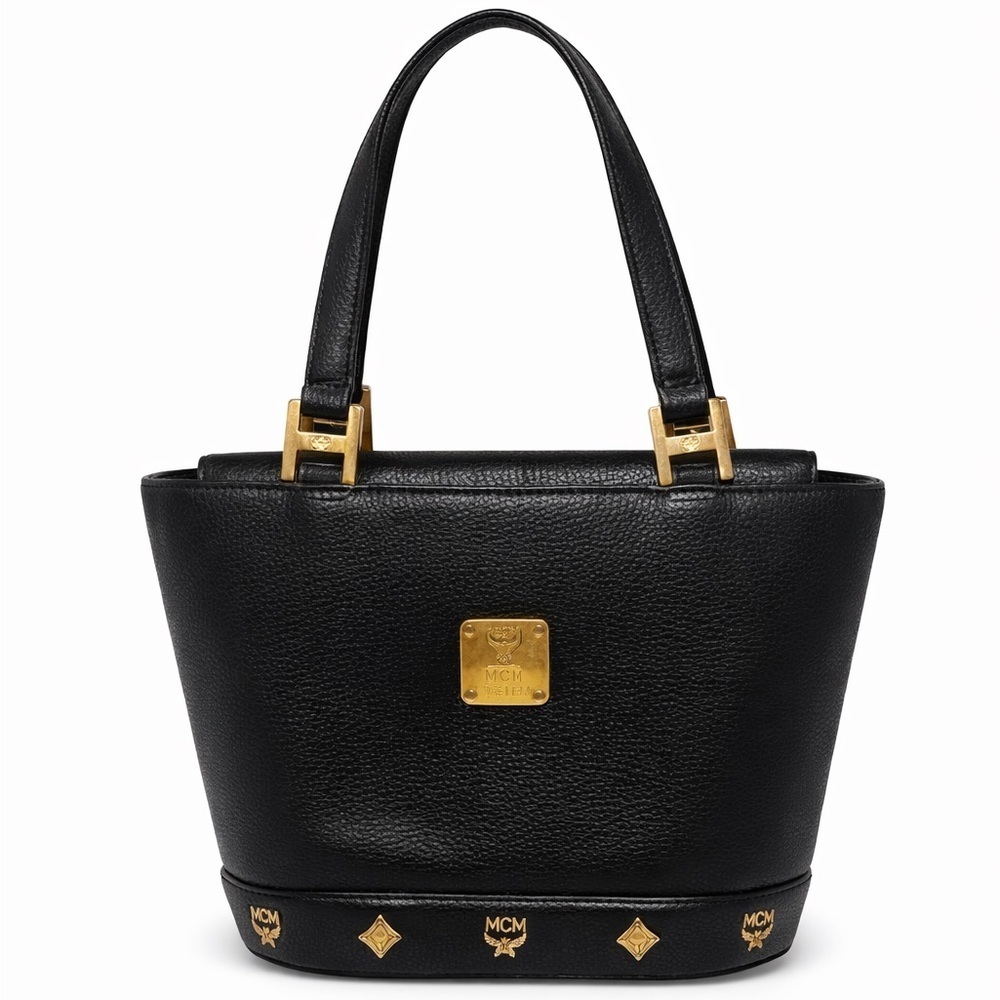 MCM Black Mini Tote with Gold Accents and Trapezoid Shape